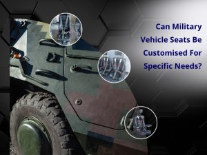 Custom military vehicle seats with ergonomic designs, featuring armrests and safety harnesses inside a camouflaged military vehicle.